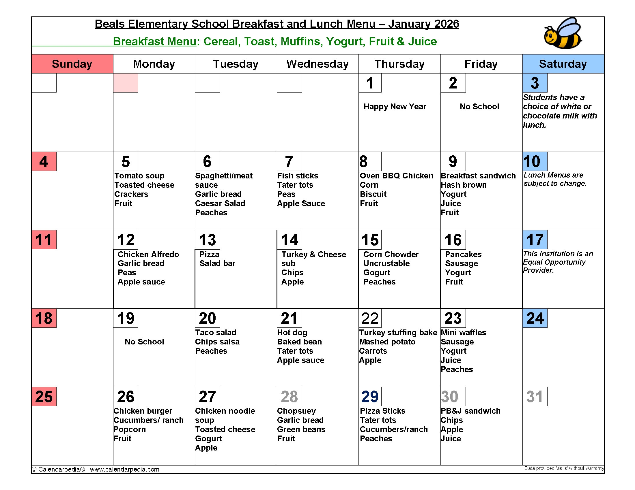 january 2026 Lunch Menu