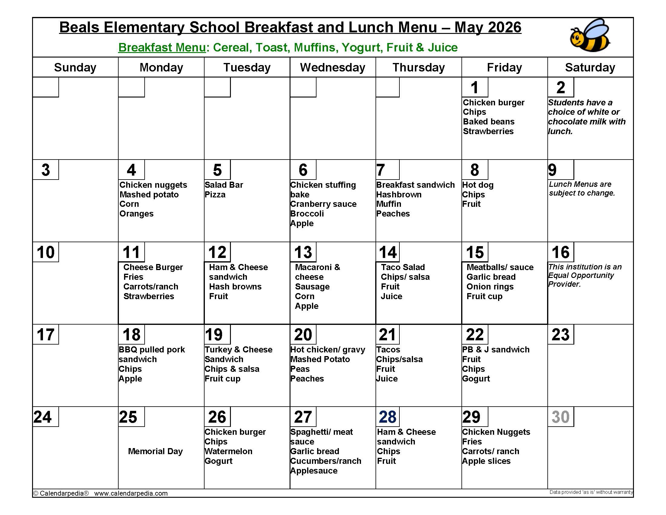 May
        2026 BES Lunch Menu
